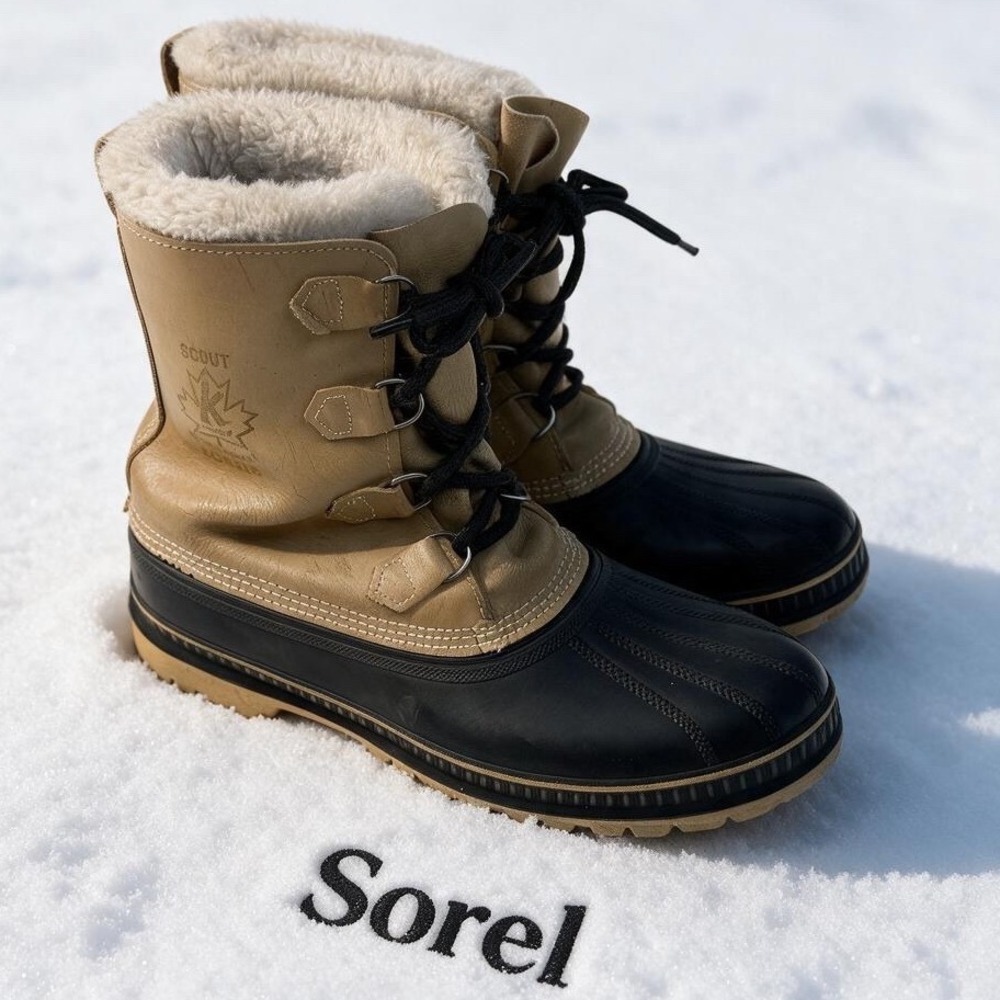 Vintage Sorel Scout Men 12 Duck Boots Leather Winter Snow Canada Tan Black